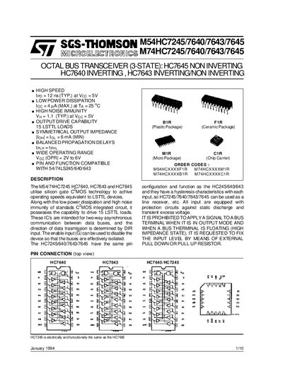 SGS-Thomson M54HC7245/7640/7643/7645 & M74HC7245/7640/7643/7645 Datasheet - cover page