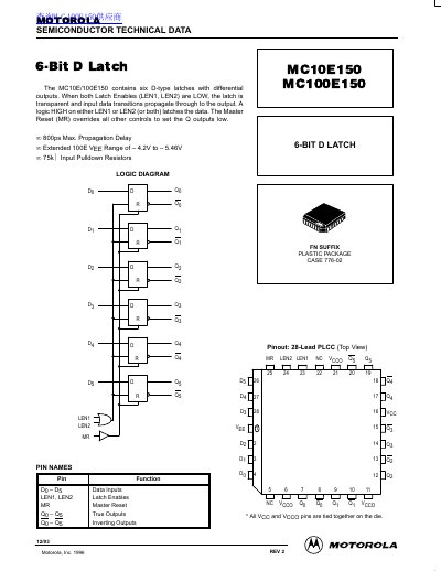 Motorola MC10E150/MC100E150 6-Bit D Latch Datasheet - cover page