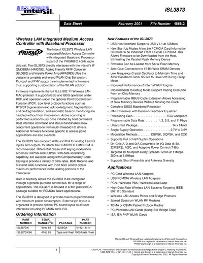 Intersil ISL3873 Wireless LAN Integrated Medium Access Controller Datasheet - cover page
