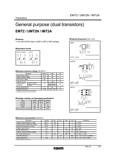 ROHM EMT2/UMT2N/IMT2A Transistors Datasheet - cover page
