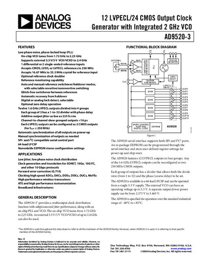 Analog Devices AD9520-3 Clock Generator Datasheet - cover page