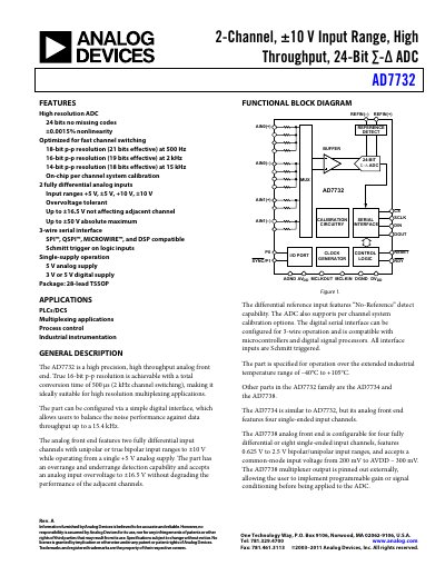 Analog Devices AD7732 2-Channel ±10 V Input Range High‑Throughput 24‑Bit Σ‑Δ ADC Datasheet - cover page