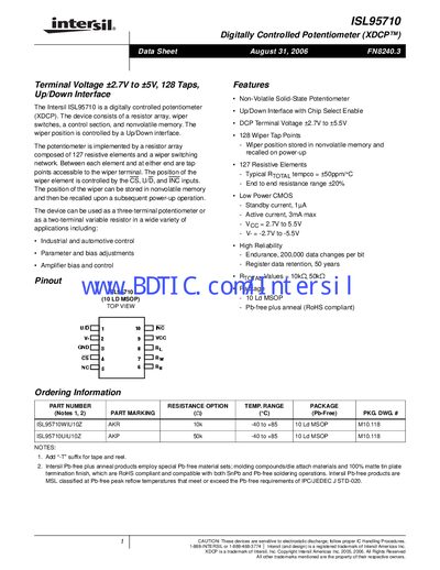 Intersil ISL95710 Digitally Controlled Potentiometer Datasheet - cover page