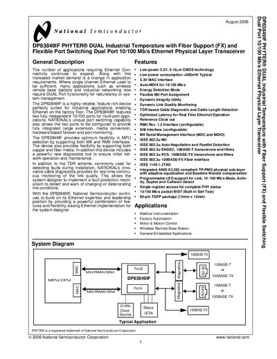NATIONAL SEMICONDUCTOR - DP83849IF PHYTER DUAL Industrial Temperature with Fiber Support (FX) Flexible Port Switching Dual Port 10/100 Mb/s Ethernet Physical Layer Transceiver handbook - cover page
