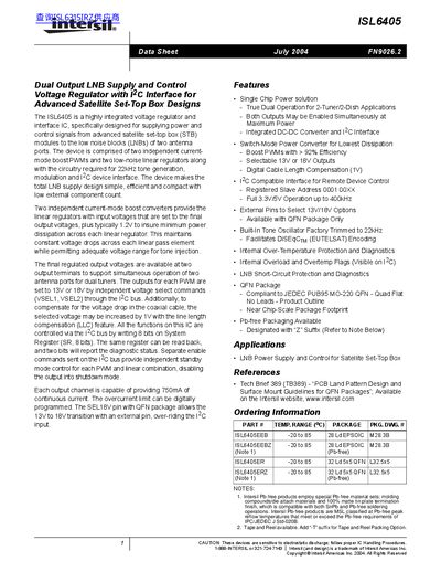 Intersil ISL6405 Dual Output LNB Supply and Control Voltage Regulator Datasheet - cover page