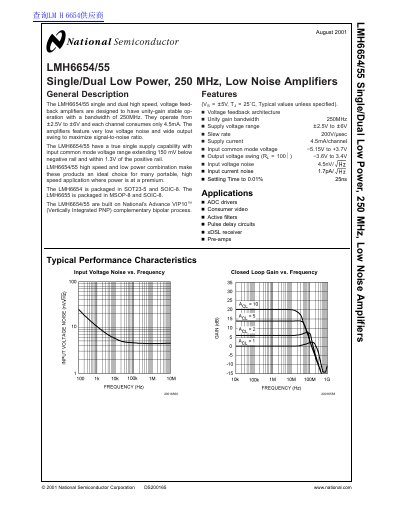 National Semiconductor LMH6654/55 Single/Dual Low Power 250 MHz Low Noise Amplifiers Datasheet - cover page