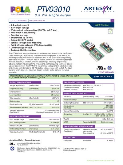 Artesyn PTV03010 Datasheet - cover page