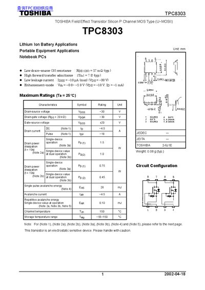 Toshiba TPC8303 P-Channel MOSFET Datasheet - cover page