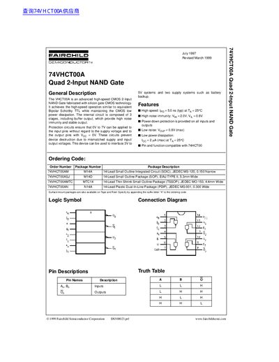 Fairchild Semiconductor 74VHCT00A Quad 2-Input NAND Gate Datasheet - cover page