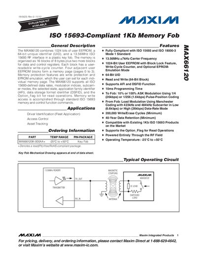 Maxim MAX66120 ISO 15693‑Compliant 1Kb Memory Fob Datasheet - cover page