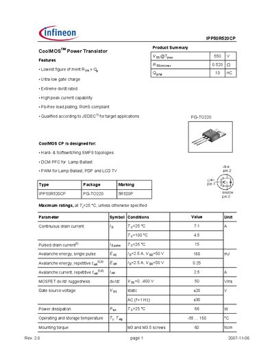 Infineon IPP50R520CP Datasheet - cover page