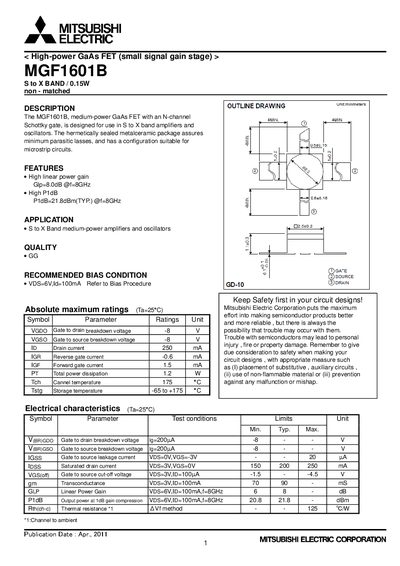 Mitsubishi Electric MGF1601B High‑Power GaAs FET Datasheet - cover page