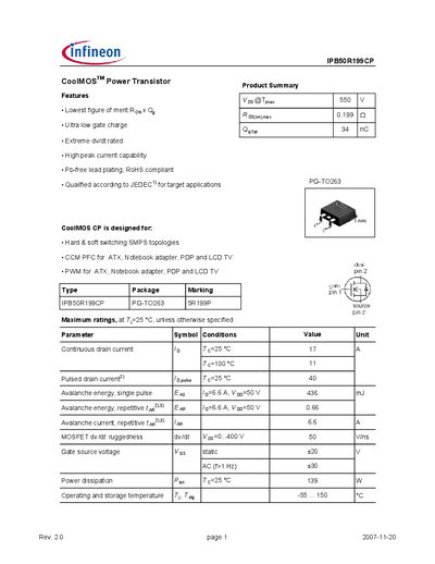 Infineon IPB50R199CP Power Transistor Datasheet - cover page