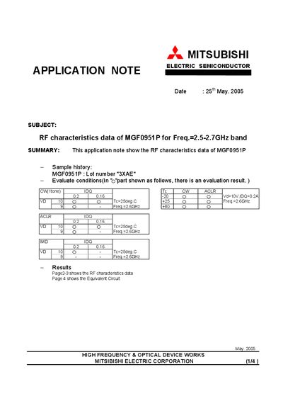 Mitsubishi Electric MGF0951P Application Note - cover page