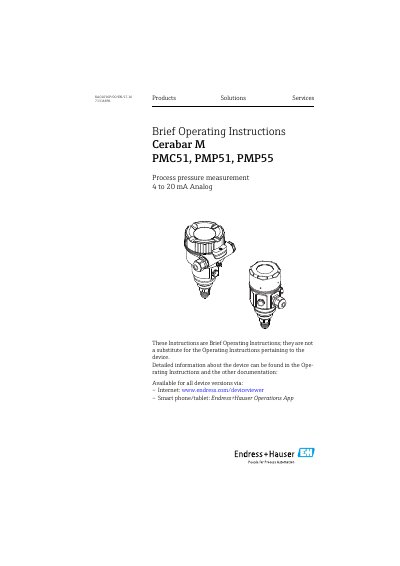 Endress+Hauser MPMC51/PMP51/PMP55 Pressure Transmitter Brief Operating Instructions