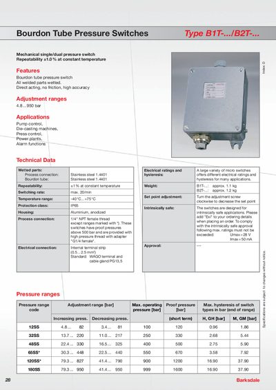 Barksdale B1T/B2T Bourdon Tube Pressure Switches Datasheet - cover page