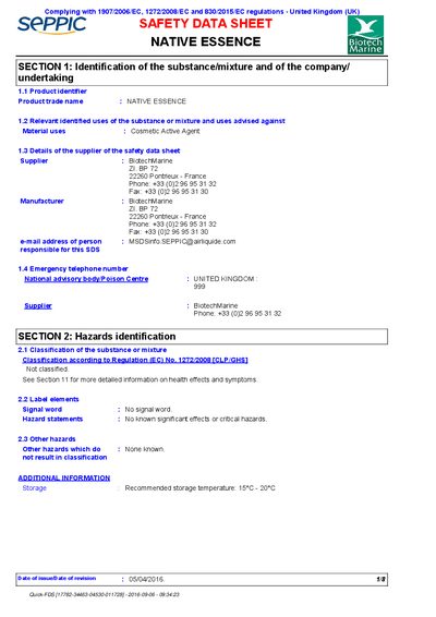 BiotechMarine Native Essence Safety Data Sheet - cover page