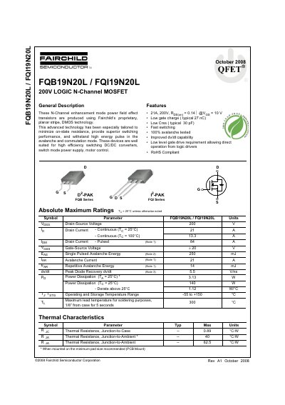 Fairchild Semiconductor FQB19N20L/FQI19N20L 200V Logic N-Channel MOSFET Datasheet - cover page