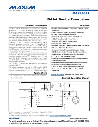 Maxim MAX14821 IO-Link Device Transceiver Datasheet