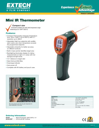 EXTECH 42510A ....................Mini IR Thermometer 1200&ordm;F (650&ordm;C) 12:1 42510A-NIST ..........42510A with NIST Certificate Manual - cover page