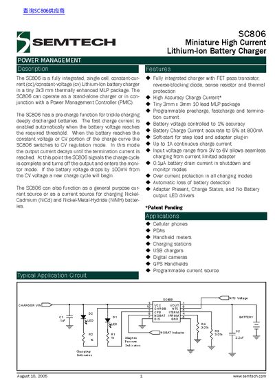 Semtech SC806 Miniature High Current Lithium-Ion Battery Charger Datasheet - cover page
