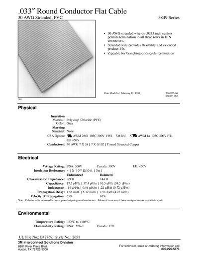 3M 3849 Series .033″ Round Conductor Flat Cable Datasheet - cover page