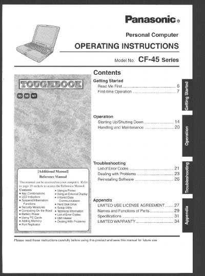 Panasonic CF45K series Manual