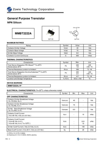 Zowie Technology Corporation MMBT2222A1 General Purpose Transistor Datasheet - cover page