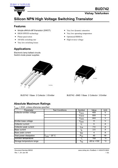 Vishay BUD742 Silicon NPN High Voltage Switching Transistor Datasheet - cover page