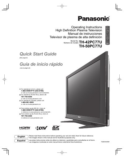 Panasonic TH-42PC77U/TH-50PC77U High Definition Plasma Television Operating Instructions - cover page