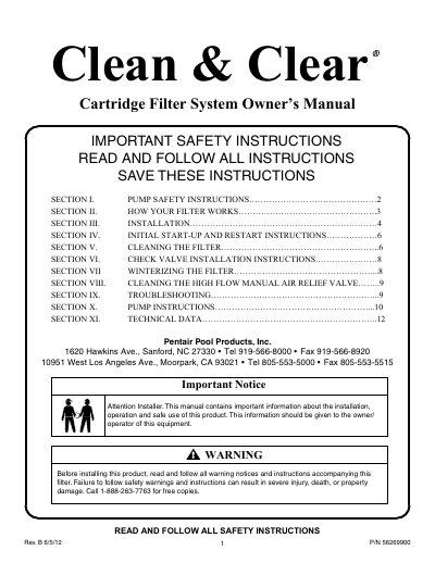 Pentair Clean & Clear Cartridge Filter System Owner's Manual - cover page