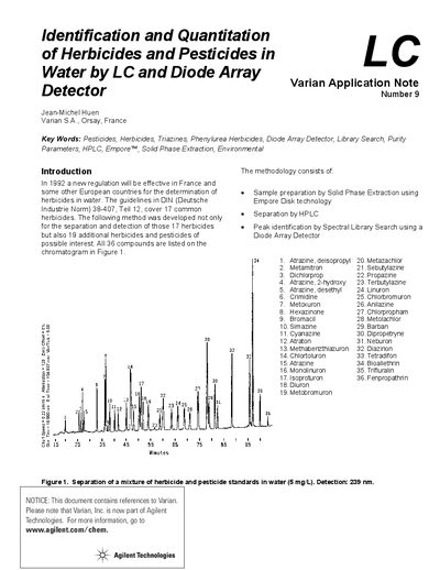Agilent LC9:0292 Identification Quantitation of Herbicides Pesticides in Water by LC Application Note - cover page