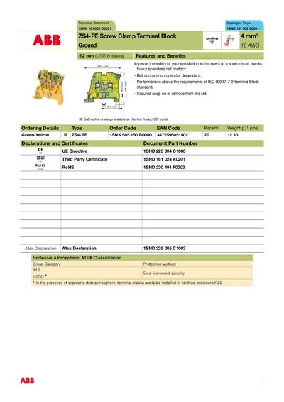 ABB ENTRELEC UK - Technical Datasheet Catalogue Page 1SNK 161 002 D0201 1SNK 161 002 S0201 ZS4-PE Screw Clamp Terminal - cover page