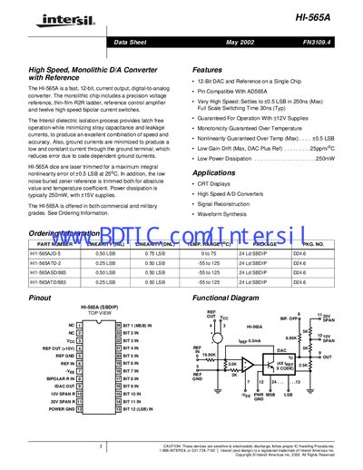 Intersil HI-565A/883 Datasheet - cover page