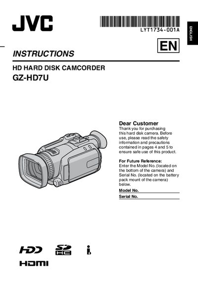 JVC GZ‑HD7U HD Hard Disk Camcorder User Manual - cover page