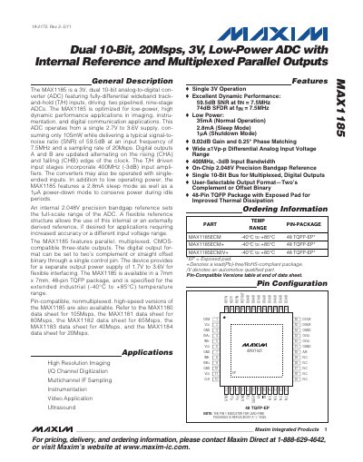 Maxim MAX1185 Dual 10‑Bit 20 Msps 3 V Low‑Power ADC with Internal Reference Multiplexed Parallel Outputs Datasheet - cover page