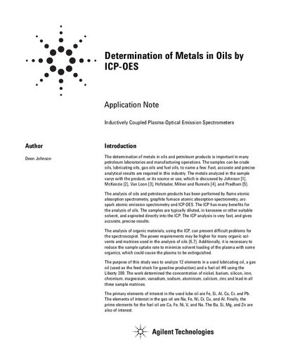 Agilent Liberty 200 ICP-OES Application Note for Determination of Metals in Oils - cover page