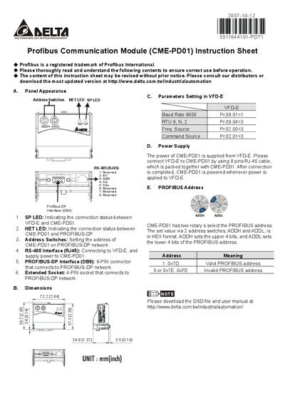 Delta CME-PD01 Profibus Communication Module Instruction Sheet - cover page