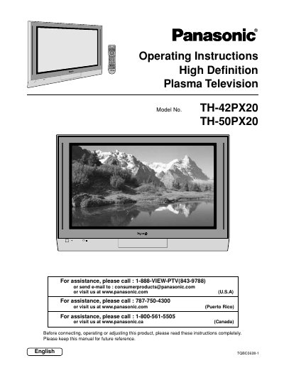 Panasonic TH-42PX20/TH-50PX20 Plasma Television Operating Instructions - cover page