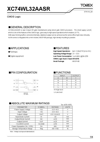 Torex XC74WL32AASR CMOS Logic Datasheet - cover page