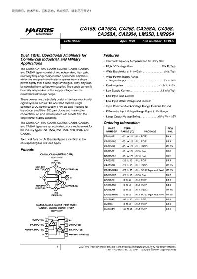 Harris CA158 Series Operational Amplifier Datasheet