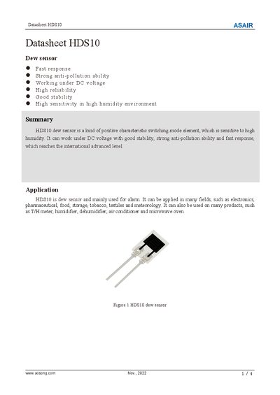Aosong HDS10 Dewsensor Datasheet - cover page