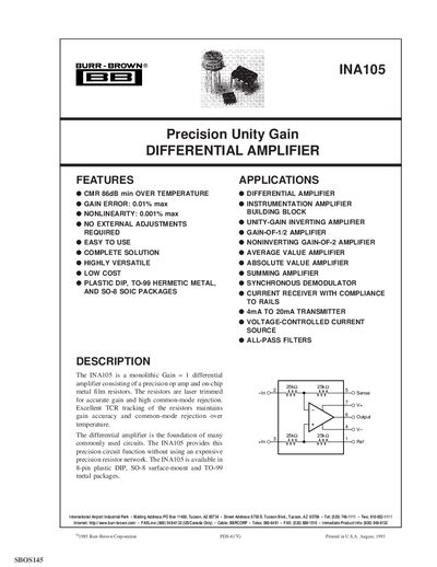 Texas Instruments INA105 Differential Amplifier Handbook - cover page