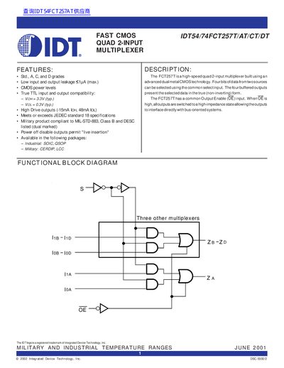 IDT FAST CMOS IDT54/74FCT257T/AT/CT/DT Quad 2-Input Multiplexer Datasheet