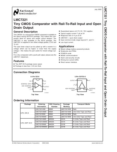 National Semiconductor LMC7221 Tiny CMOS Comparator Datasheet - cover page