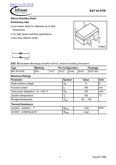 Infineon BAT 63-07W Silicon Schottky Diode Preliminary Data - cover page