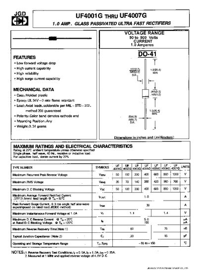 JGD UF4001G‑UF4007G Ultra Fast Rectifiers Datasheet - cover page