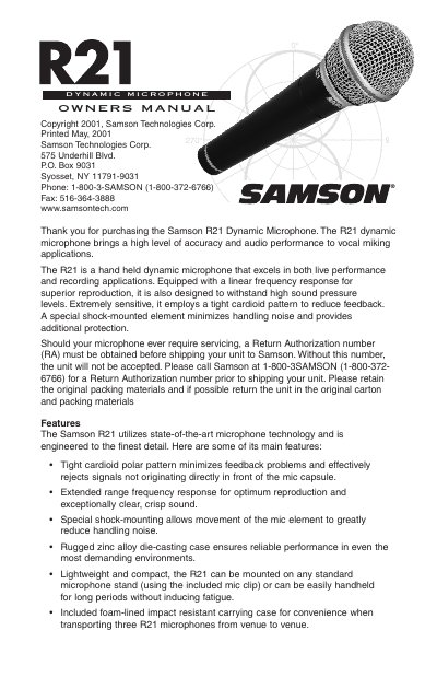 Samson R21 Dynamic Microphone Owner's Manual - cover page