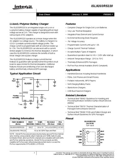 Intersil ISL9203R5220 Battery Charger Datasheet - cover page