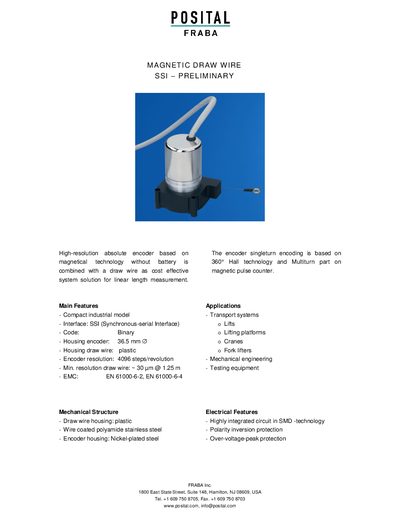 POSITAL MDW-S100B Magnetic Draw Wire SSI Preliminary Datasheet - cover page